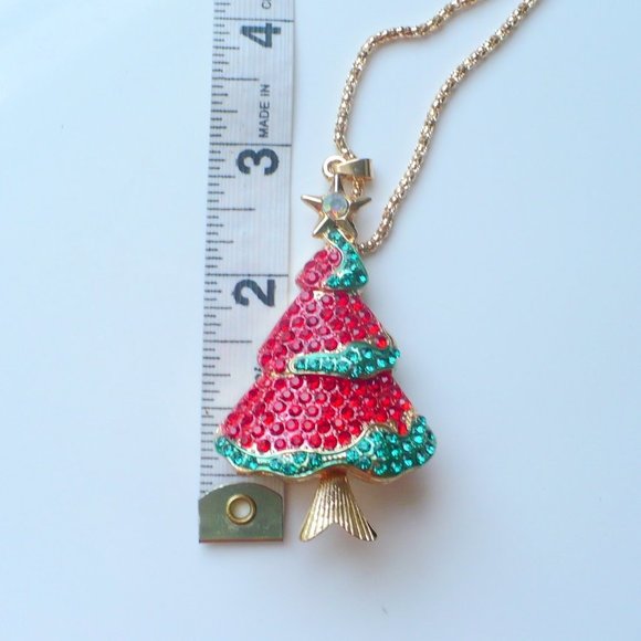 ❤️ NEW Christmas Necklace Red & Green Rhinestone Tree 24" Chain - Picture 3 of 5